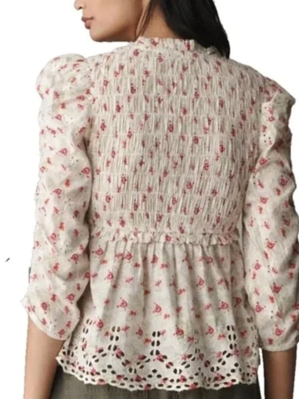 NWT Anthropologie Maeve Floral Smocked Eyelet Peplum Blouse Size M - Picture 2 of 8